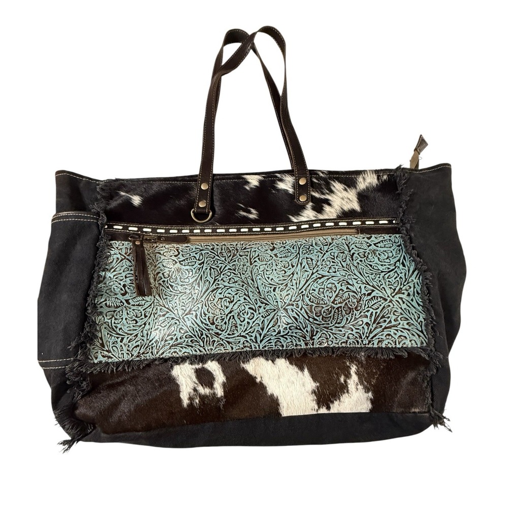 Myra Bag Ladies Seagrass Canvas Turquoise Weekender Tote Bag S-4739 Excellent !